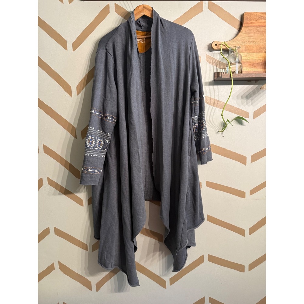 Panhandle Cardigan Sweater Womens L/XL Gray Embroidered‎ Draped Open Front Boho